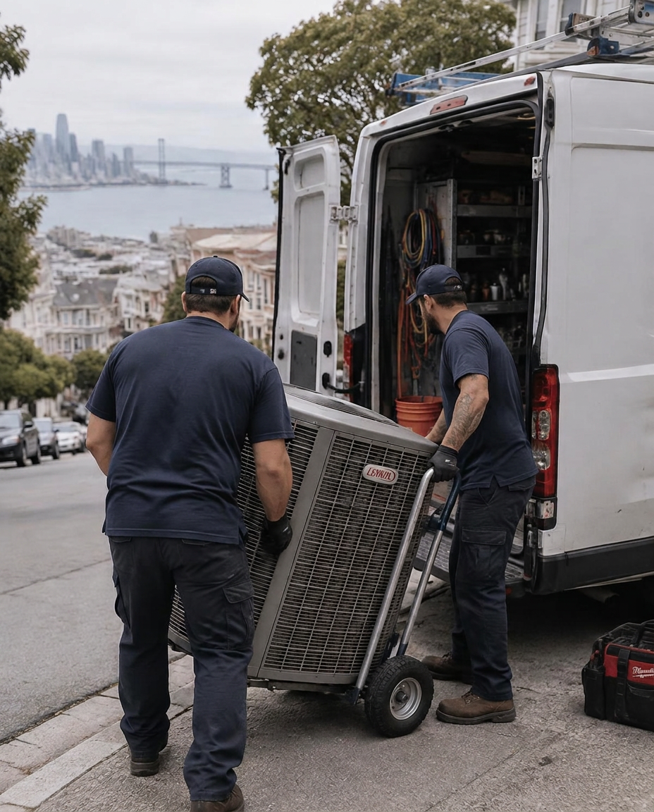 Illustrative photo of an HVAC crew beside a service van