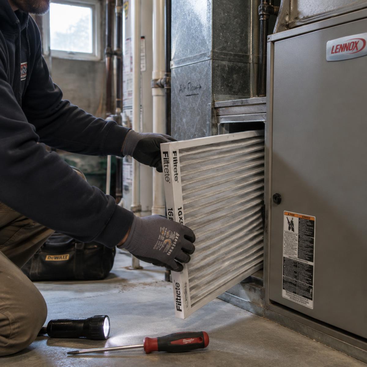 Illustrative photo: technician fitting a new air filter into a furnace