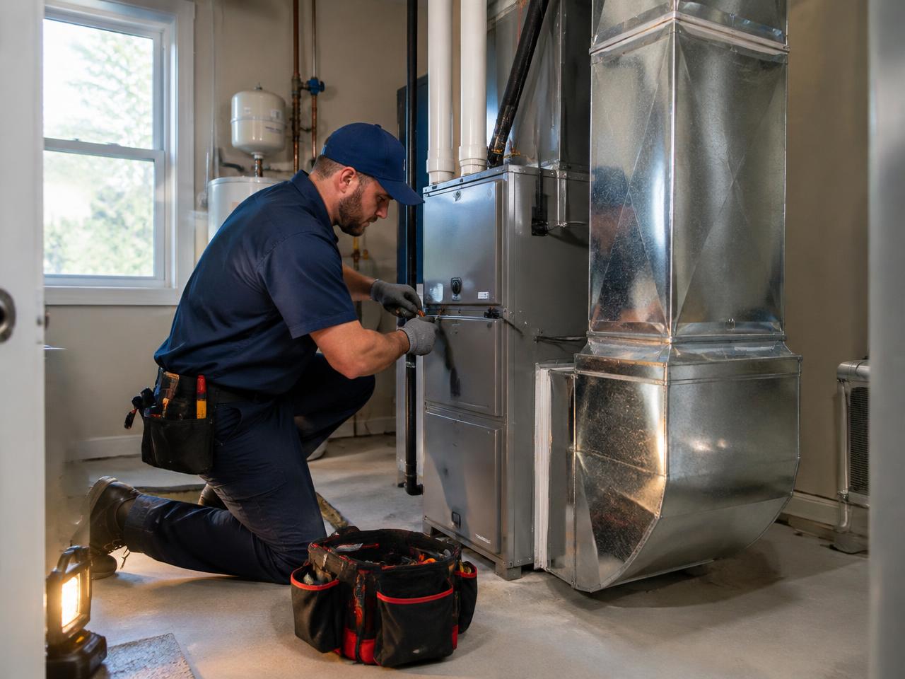 Illustrative photo: installers setting a new heat pump condenser beside a house