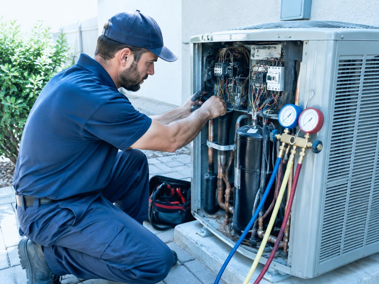 Illustrative photo: technician working on the wiring of an outdoor AC unit